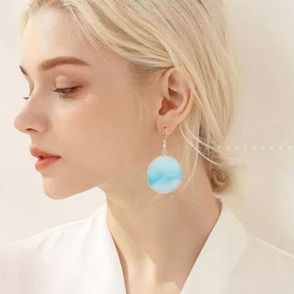 18K Yellow Gold with Natural Blue Amazonite Stone French Wire Drop Hook Earrings - Picture 5 of 6